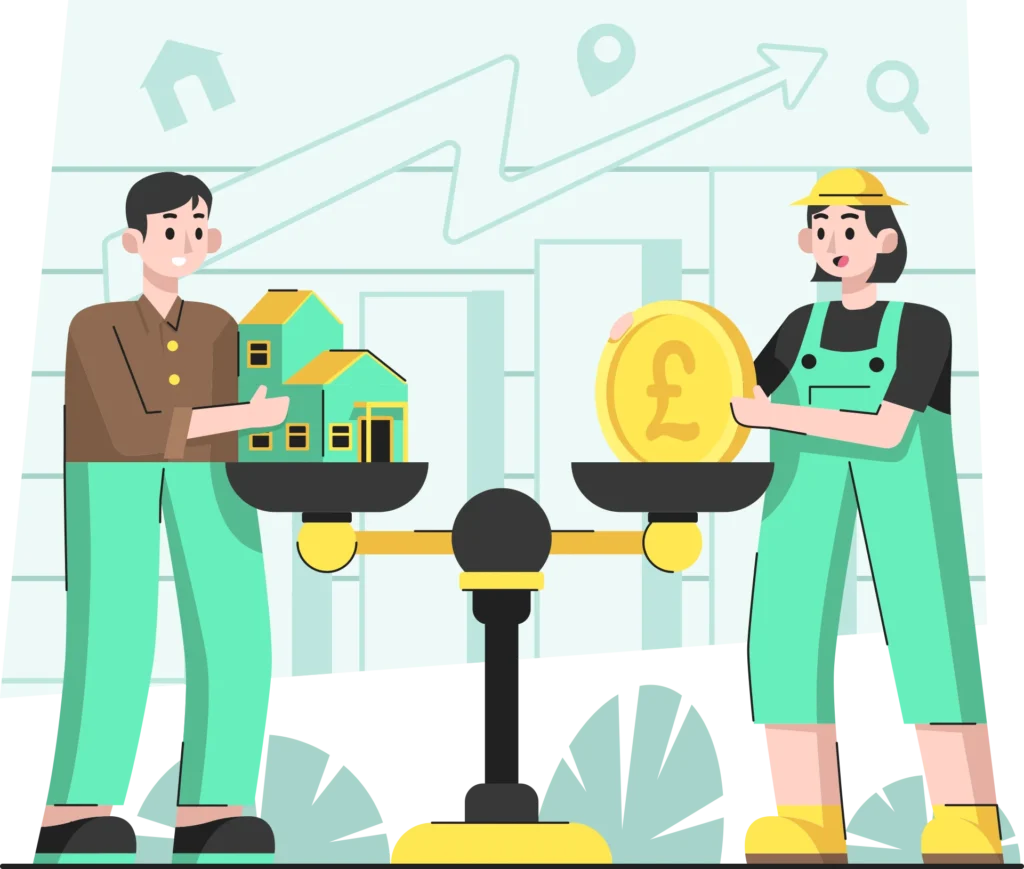 Illustration of a house and a pound coin balanced on weighing scales