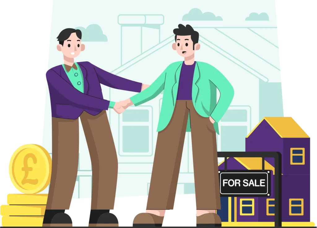 Illustration of two people shaking hands in front of a house with a for sale sign